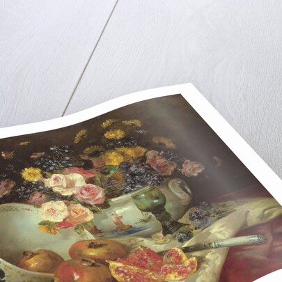 Still life of flowers in a Chinese vase with pomegranates by Eugene Henri Cauchois