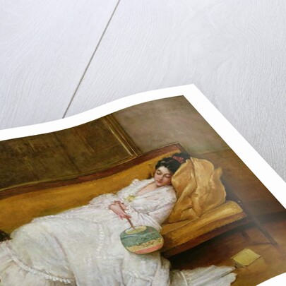 Girl in a white dress resting on a sofa by Alfred Emile Stevens