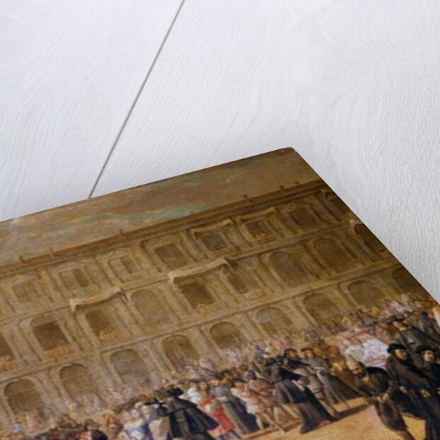 Actors in front of a representation of St. Marks Square by Italian School