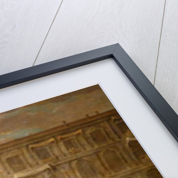 Actors in front of a representation of St. Marks Square by Italian School