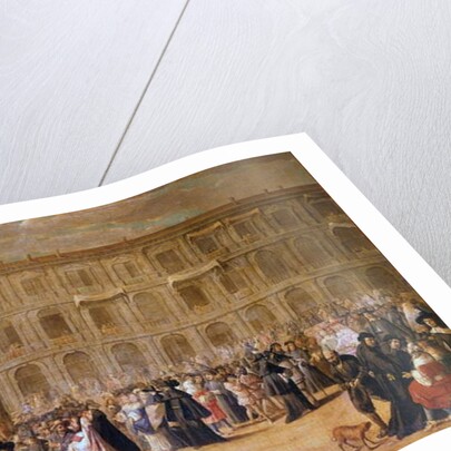 Actors in front of a representation of St. Marks Square by Italian School
