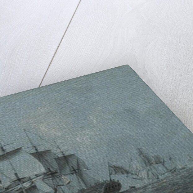 An Admiralty yacht coming alongside a man-o-war which has hove-to to await her arrival, with other vessels beyond by Robert Cleveley