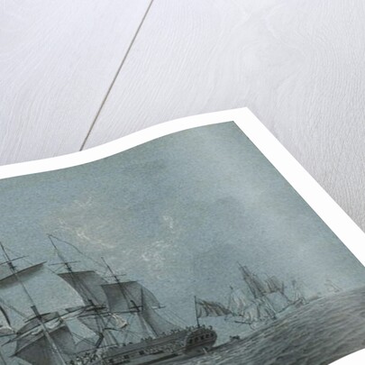 An Admiralty yacht coming alongside a man-o-war which has hove-to to await her arrival, with other vessels beyond by Robert Cleveley