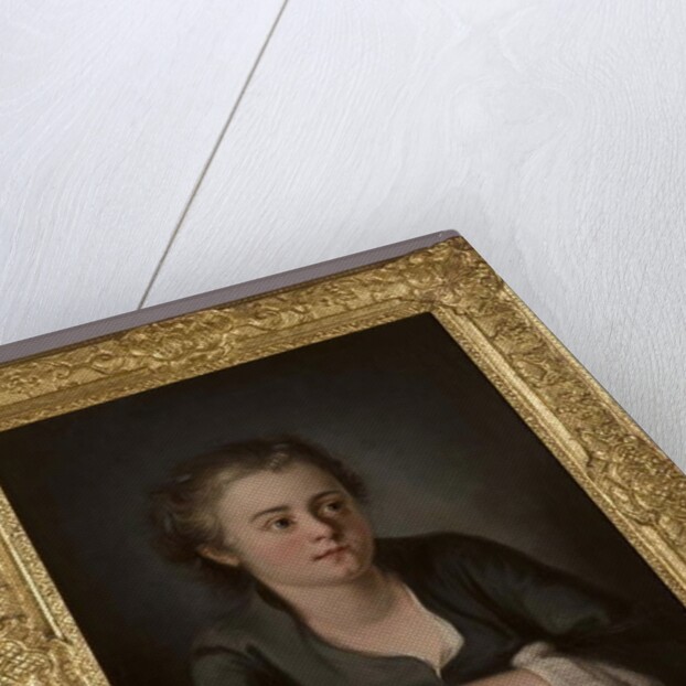 Portrait of a young girl, wearing a green dress and white chemise, seated before a table by French School