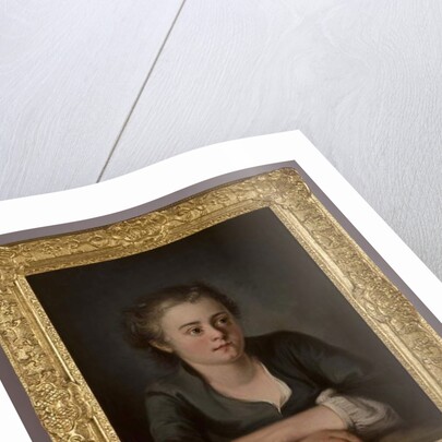Portrait of a young girl, wearing a green dress and white chemise, seated before a table by French School