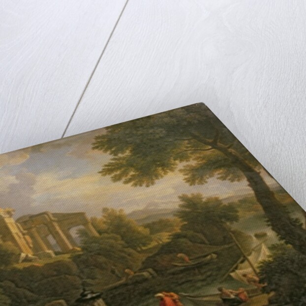 Landscape with figures by a pool with ruins in the background by Jan Frans van Bloemen