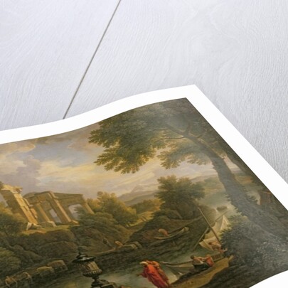 Landscape with figures by a pool with ruins in the background by Jan Frans van Bloemen