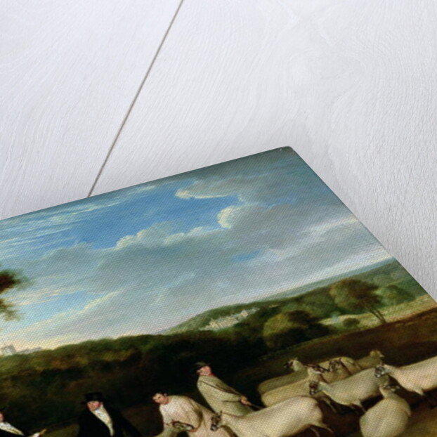 Portrait of Thomas William Coke, Esq. inspecting some of his South Down sheep with Mr Walton and the Holkham shepherds by Thomas Weaver