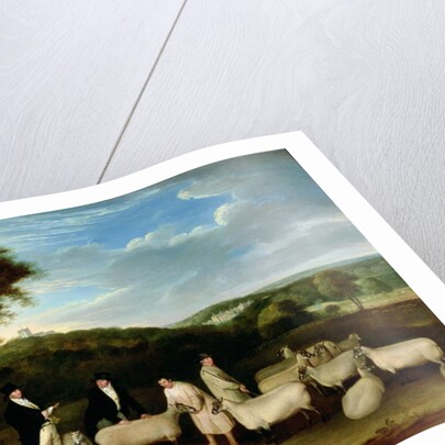 Portrait of Thomas William Coke, Esq. inspecting some of his South Down sheep with Mr Walton and the Holkham shepherds by Thomas Weaver