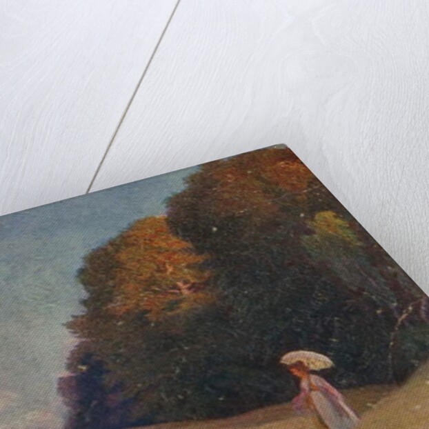 Historic greeting card after a painting, Mother and daughter walking in a flower meadow by Unknown Artist