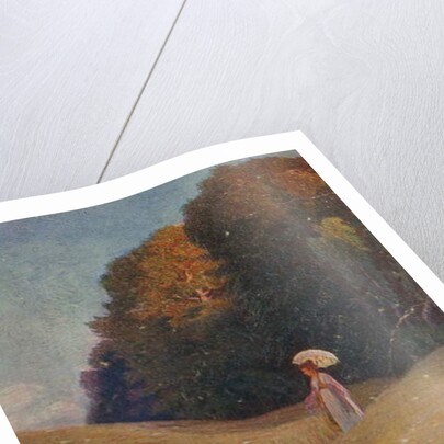 Historic greeting card after a painting, Mother and daughter walking in a flower meadow by Unknown Artist