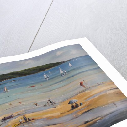 Salcombe North Sands, blue umbrella by Jennifer Wright