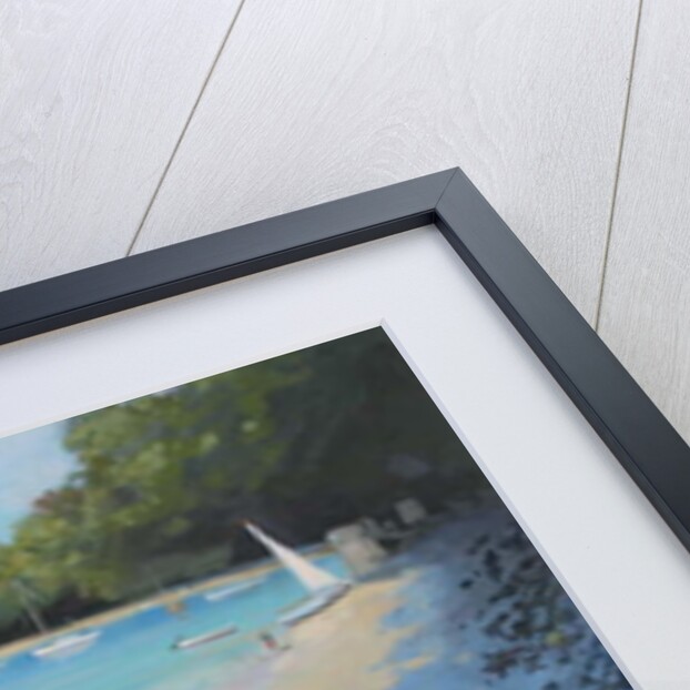 Salcombe Fishermans Cove, blue & white sail by Jennifer Wright