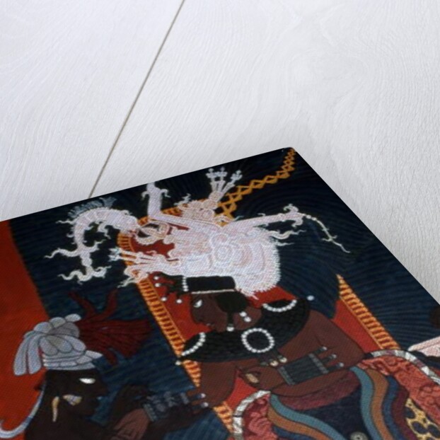 Reproduction of a mural showing a servant dressing a ruler for a ceremony by Mayan Mayan