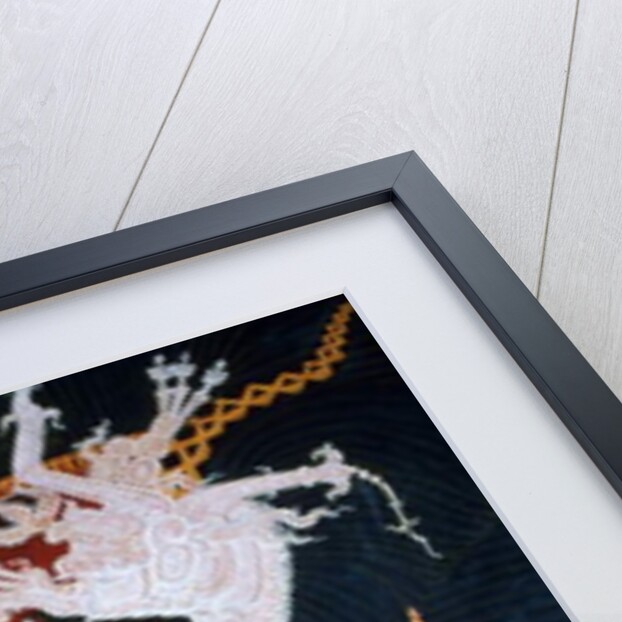 Reproduction of a mural showing a servant dressing a ruler for a ceremony by Mayan Mayan