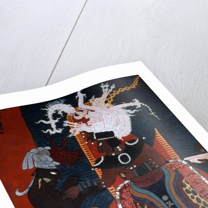 Reproduction of a mural showing a servant dressing a ruler for a ceremony by Mayan Mayan