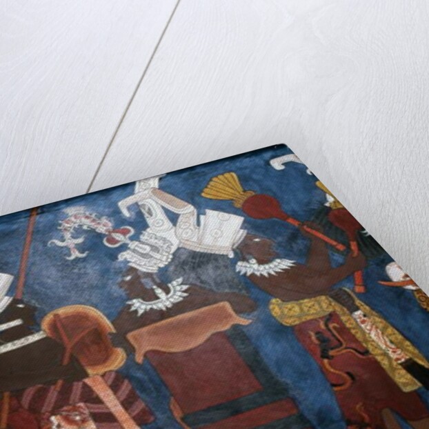 Reproduction of a mural showing servants and musicians during a ceremony by Mayan Mayan