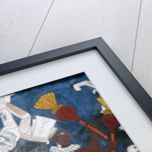 Reproduction of a mural showing servants and musicians during a ceremony by Mayan Mayan