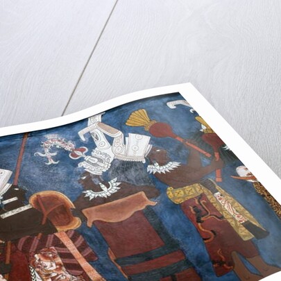 Reproduction of a mural showing servants and musicians during a ceremony by Mayan Mayan