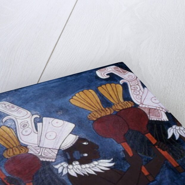 Reproduction of a mural showing musicians with rattles during a ceremony by Mayan Mayan