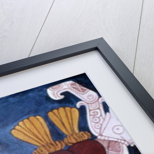 Reproduction of a mural showing musicians with rattles during a ceremony by Mayan Mayan