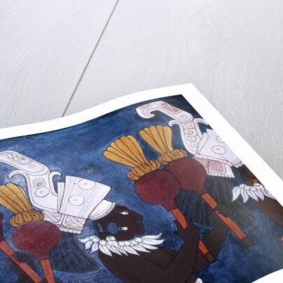 Reproduction of a mural showing musicians with rattles during a ceremony by Mayan Mayan