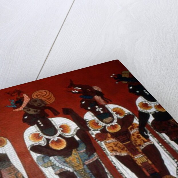 Reproduction of a mural showing noble men dressed for a ceremony by Mayan Mayan