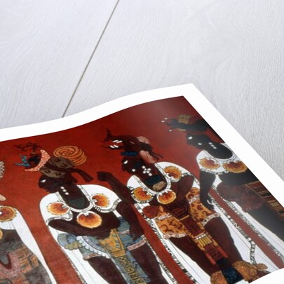 Reproduction of a mural showing noble men dressed for a ceremony by Mayan Mayan