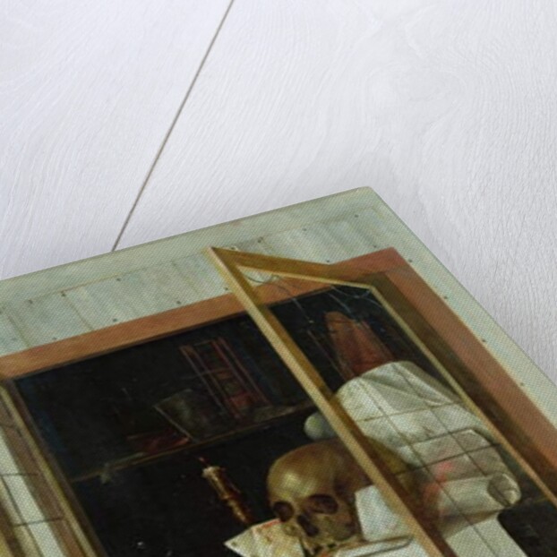 Vanitas still life seen through a trompe l'oeil window by Cornelis Norbertus Gijsbrechts