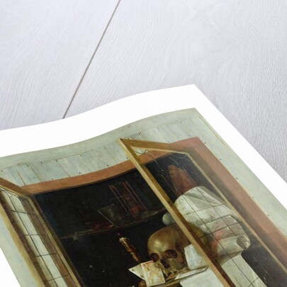 Vanitas still life seen through a trompe l'oeil window by Cornelis Norbertus Gijsbrechts