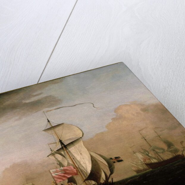 The Second Duke of Albemarle's Ketch with a yacht to the left and three warships in the distance to the right by Willem van de the Younger Velde