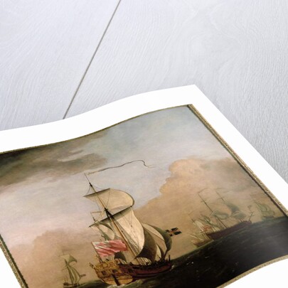 The Second Duke of Albemarle's Ketch with a yacht to the left and three warships in the distance to the right by Willem van de the Younger Velde