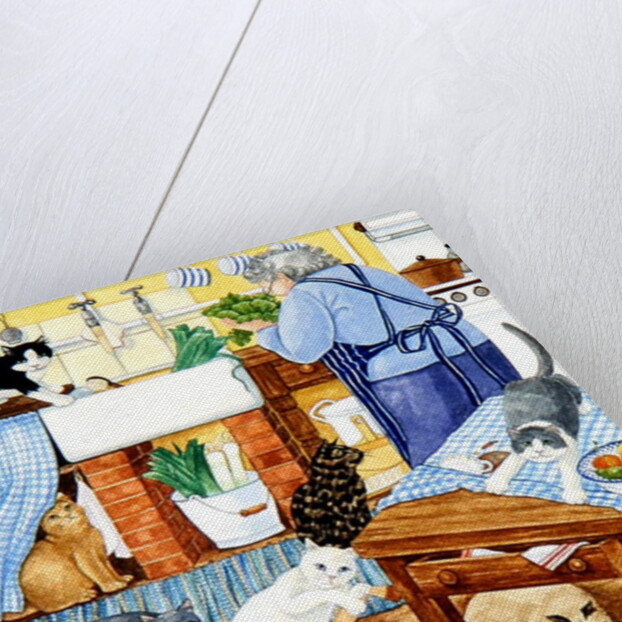 Grandma and 10 cats in the kitchen by Linda Benton