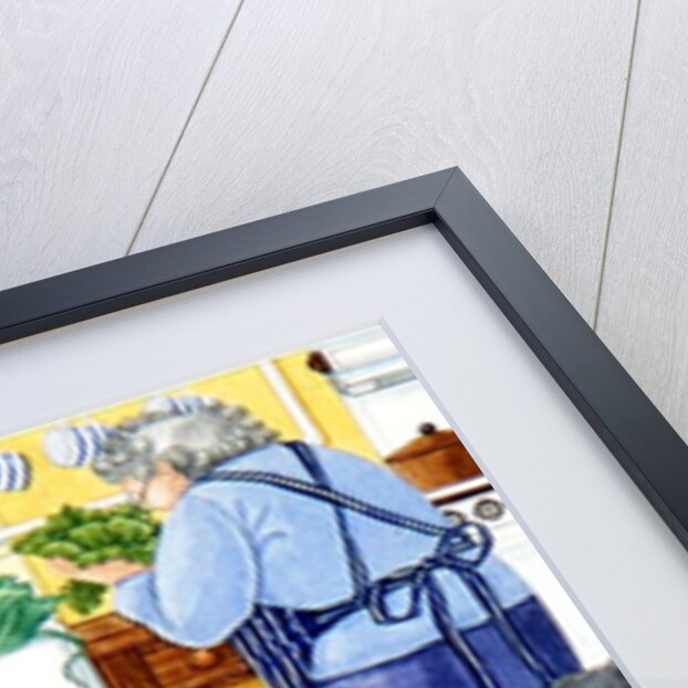 Grandma and 10 cats in the kitchen by Linda Benton