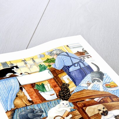 Grandma and 10 cats in the kitchen by Linda Benton