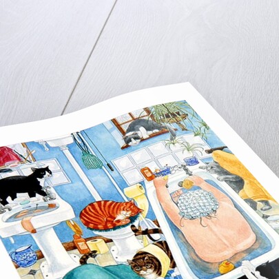 Grandma and 10 cats in the bathroom by Linda Benton
