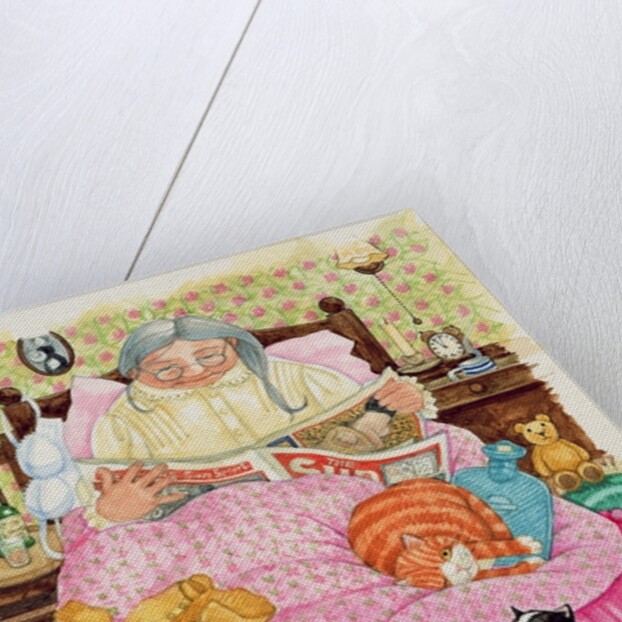 Grandma and 2 cats and a pink bed by Linda Benton