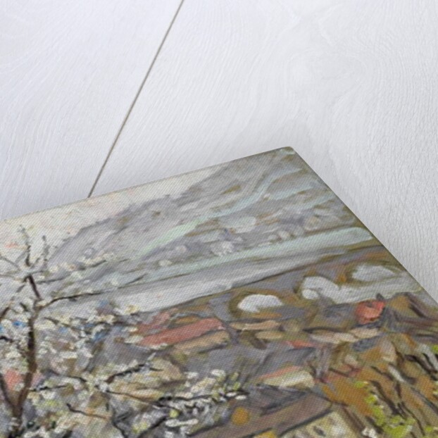 View across an orchard over a bridge and estuary by Arthur Haythorne Studd