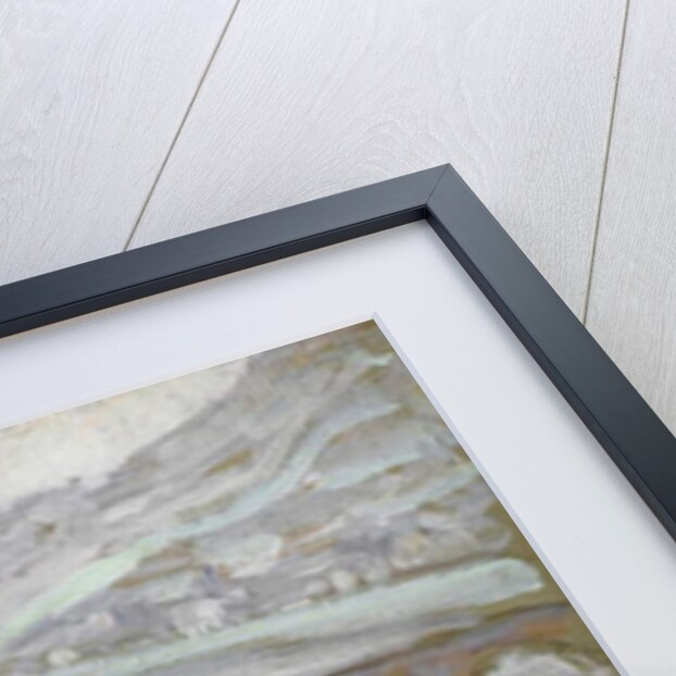 View across an orchard over a bridge and estuary by Arthur Haythorne Studd