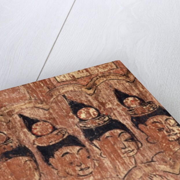 A series of walking damsels painted on the eaves of the roof of Viharn Nam Tam by Thai School