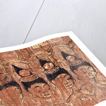 A series of walking damsels painted on the eaves of the roof of Viharn Nam Tam by Thai School