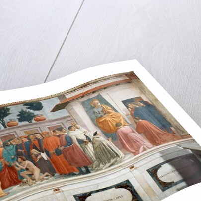 The Raising of the Son of Theophilus, the King of Antioch, and St. Peter Enthroned as First Bishop of Antioch, c.1427 and c.1480 by T. & Lippi F. Masaccio
