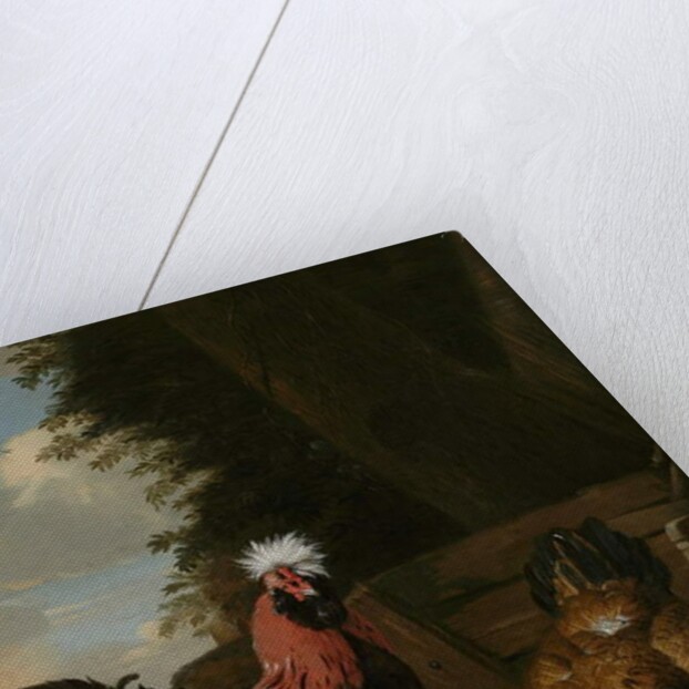 A Bantam Cockerel with Hens and Chicks in a Farmyard by Melchior de Hondecoeter