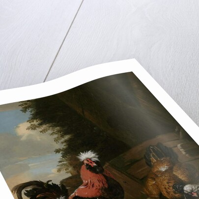 A Bantam Cockerel with Hens and Chicks in a Farmyard by Melchior de Hondecoeter