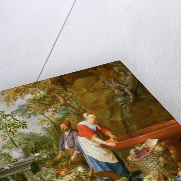 A Maid Washing Carrots at a Fountain with Two Gardeners at Work by Nicolaas or Nicolaes Muys