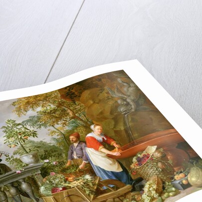 A Maid Washing Carrots at a Fountain with Two Gardeners at Work by Nicolaas or Nicolaes Muys