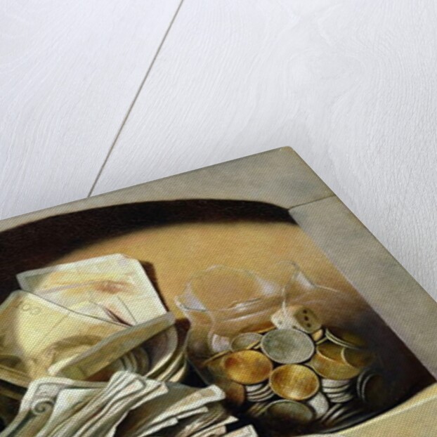 A trompe l'oeil of paper money, coins and a broken glass jar in a niche by French School