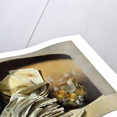 A trompe l'oeil of paper money, coins and a broken glass jar in a niche by French School