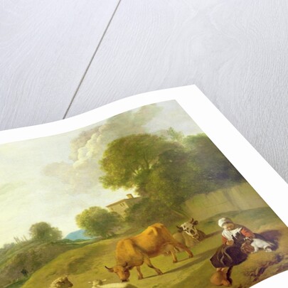 A River Landscape with Cattle, Sheep and a Young Girl Playing with a Dog by Simon van der Does