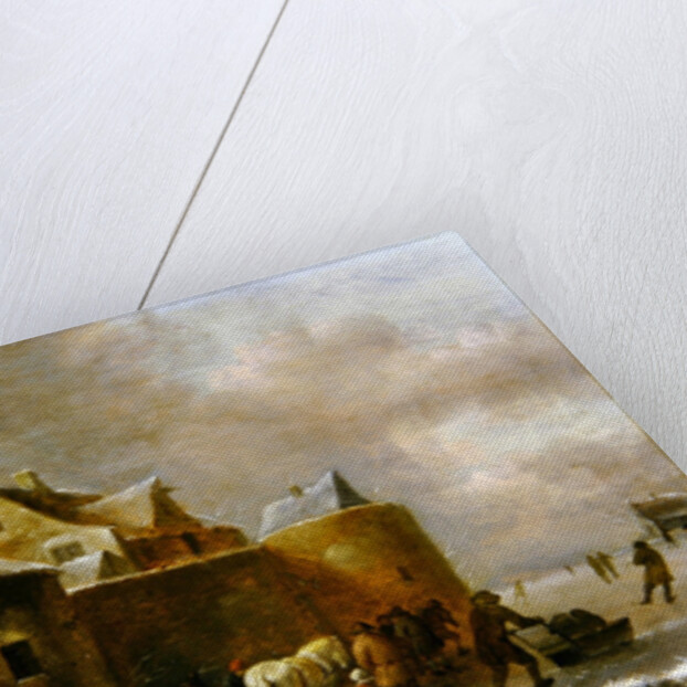 A Winter Landscape with Numerous Figures on a Frozen River Outside the Town Walls by Claes Molenaer